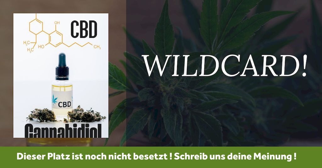 CBD Marke WILDCARD zeigt CBD Öl vor Cannabis Pflanze und getrockneten Blätter mit CBD Chemie Formel im hintergrund