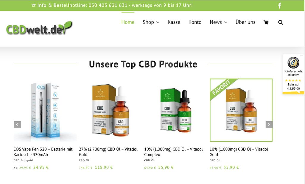 Homepage von CBDWelt.de mit CBD Produkten